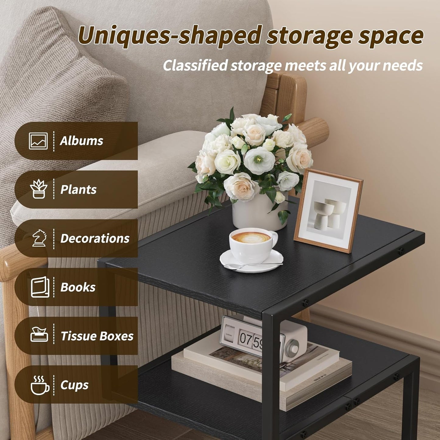 S-Shaped Side Table 3 Tier, Minimalist Nightstand for Small Spaces with Open Storage, Narrow End Table for Living Room Bedroom, Black
