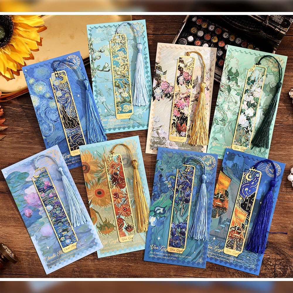 8 Pieces of Gold Hollow Bookmarks with Tassels, Featuring Van Gogh and Monet Oil Painting Themes Perfect for Book Lovers, Writers, Readers, Children, Teenagers, Men, Women, and Adults