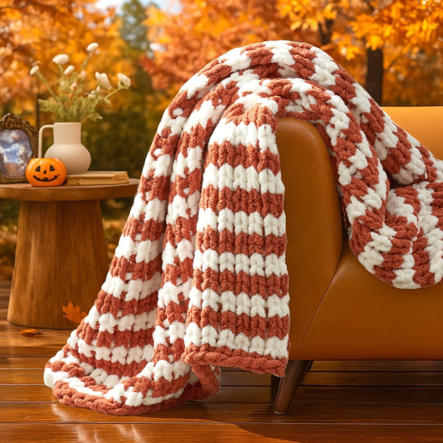 Amélie Home Chunky Knit Throw Blanket for Couch, Soft Chenille Crochet Blanket for Sofa, 50"x60", Burnt Orange & White Striped