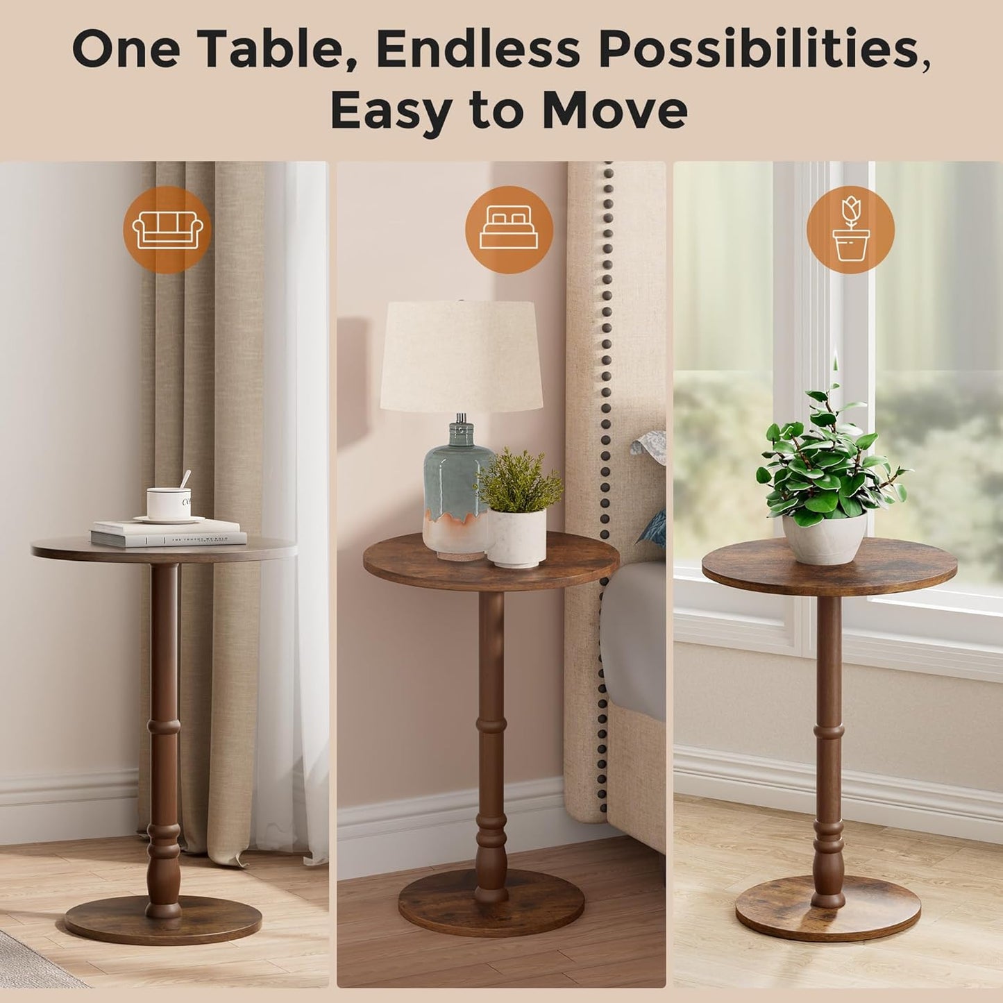 16" Round Side Tables, Solid Wood Pillar with Wood Top & Base, Small Drink Accent Table for Living Room, Bedroom, Sofa & Office, Easy Assembly, Rustic Brown