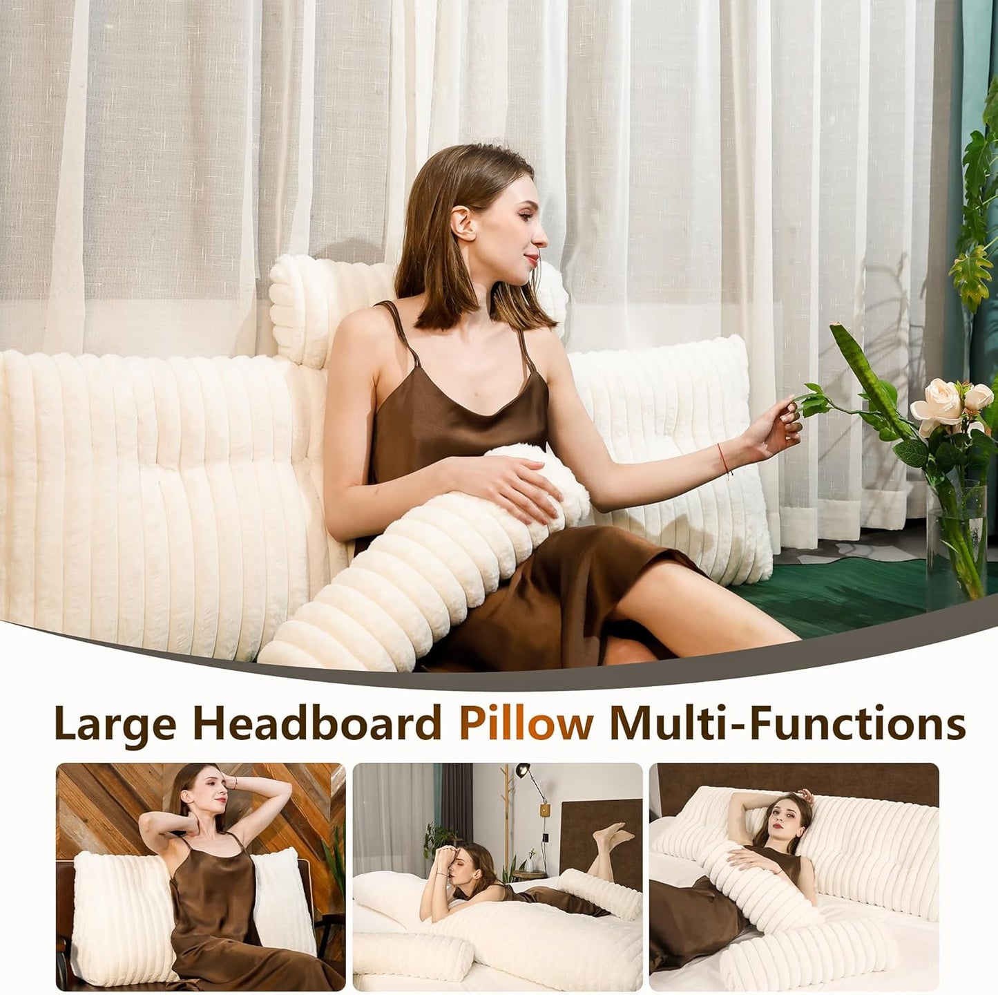 Luxury Faux Fur Headboard Pillow Queen Size - Large Triangular Wedge Cushion for Bed & Sofa, Fluffy Reading Backrest Bolster with Detachable Neck Roll, Washable Cover & Side Pocket, Ivory