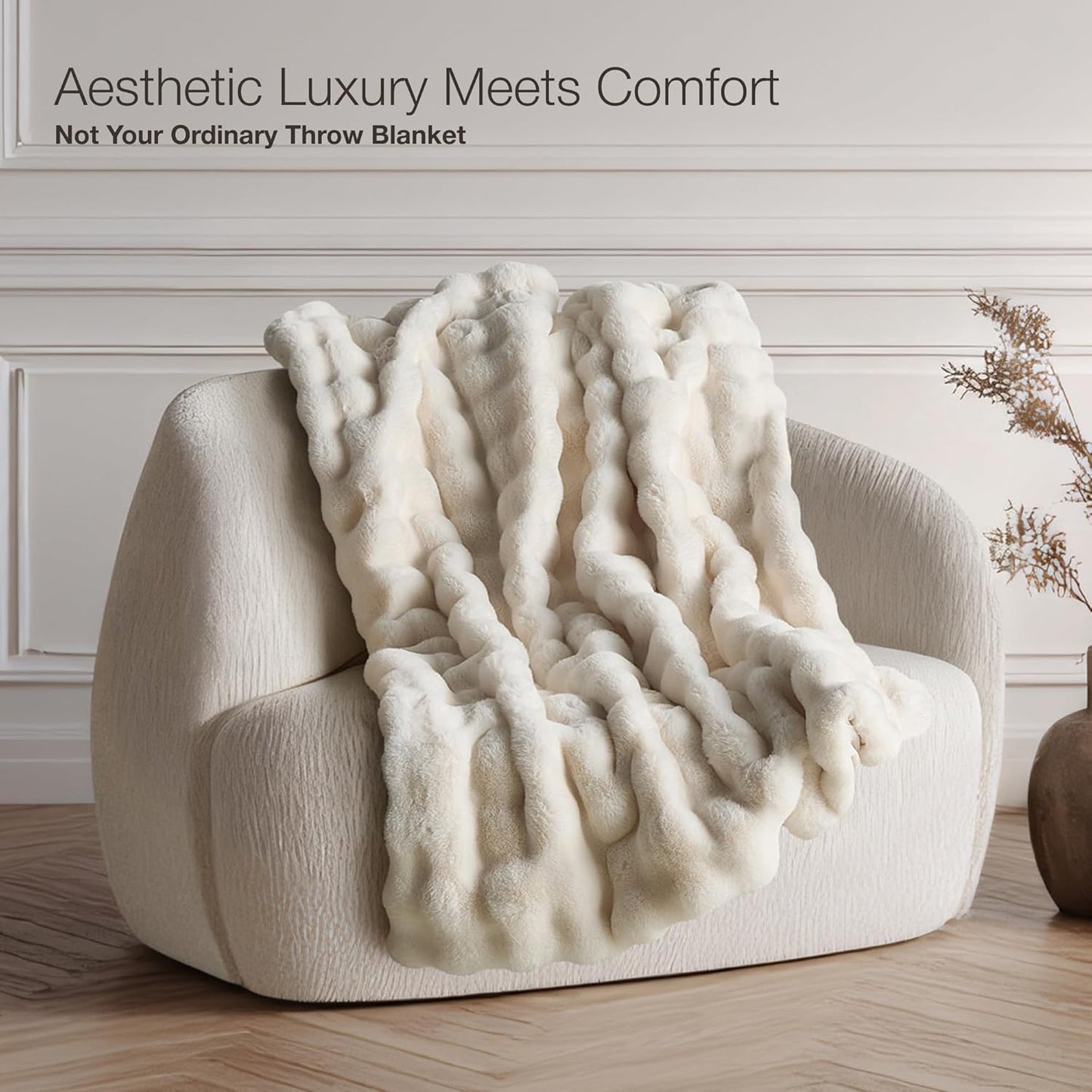 Luxury Ultra Soft Faux Fur Throw Blanket, 50x60 Inches Fluffy Plush Thick Bubble Blanket for Couch and Sofa, Premium Velvet Cozy Lola Fuzzy, 1000 GSM (Cream White)