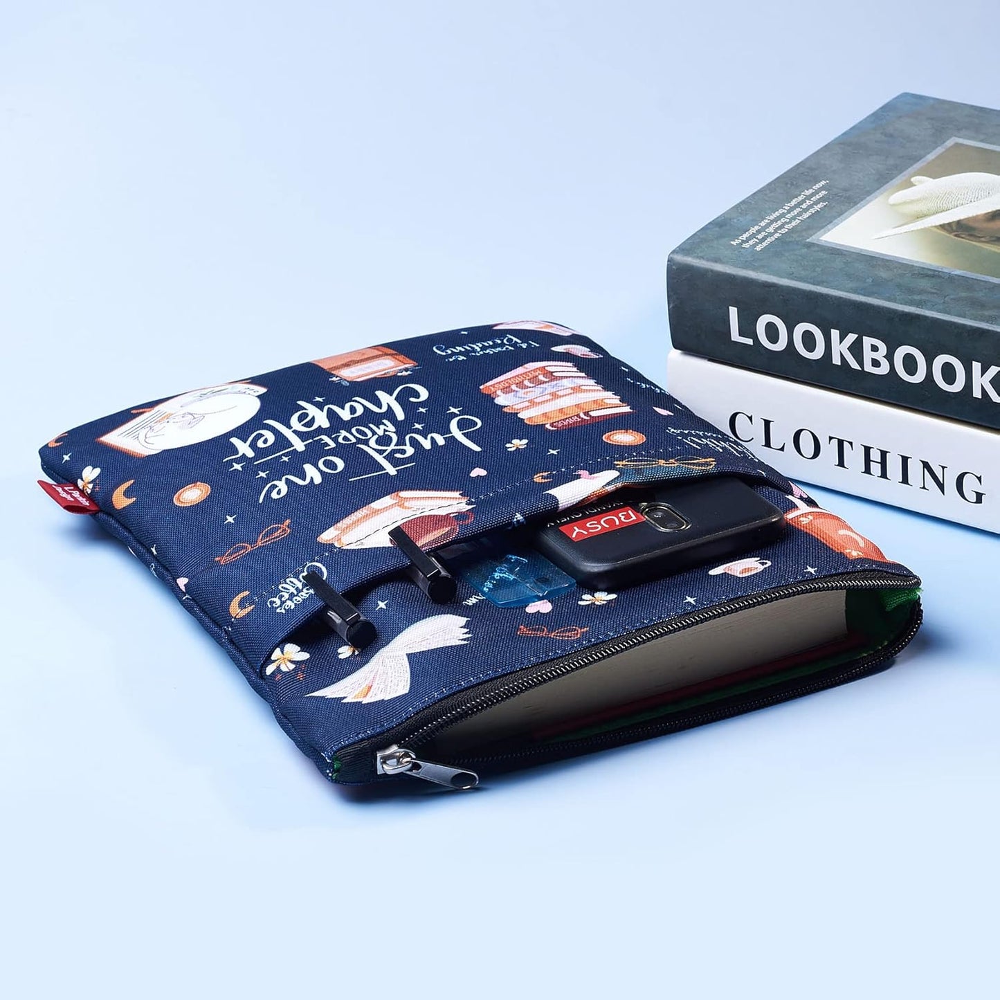 Just One More Chapter - Waterproof Book Sleeve with Zipper & Front Pocket | 11x8.5 Inch Canvas Book Cover Protector | Perfect Book Lovers Gift for Travel
