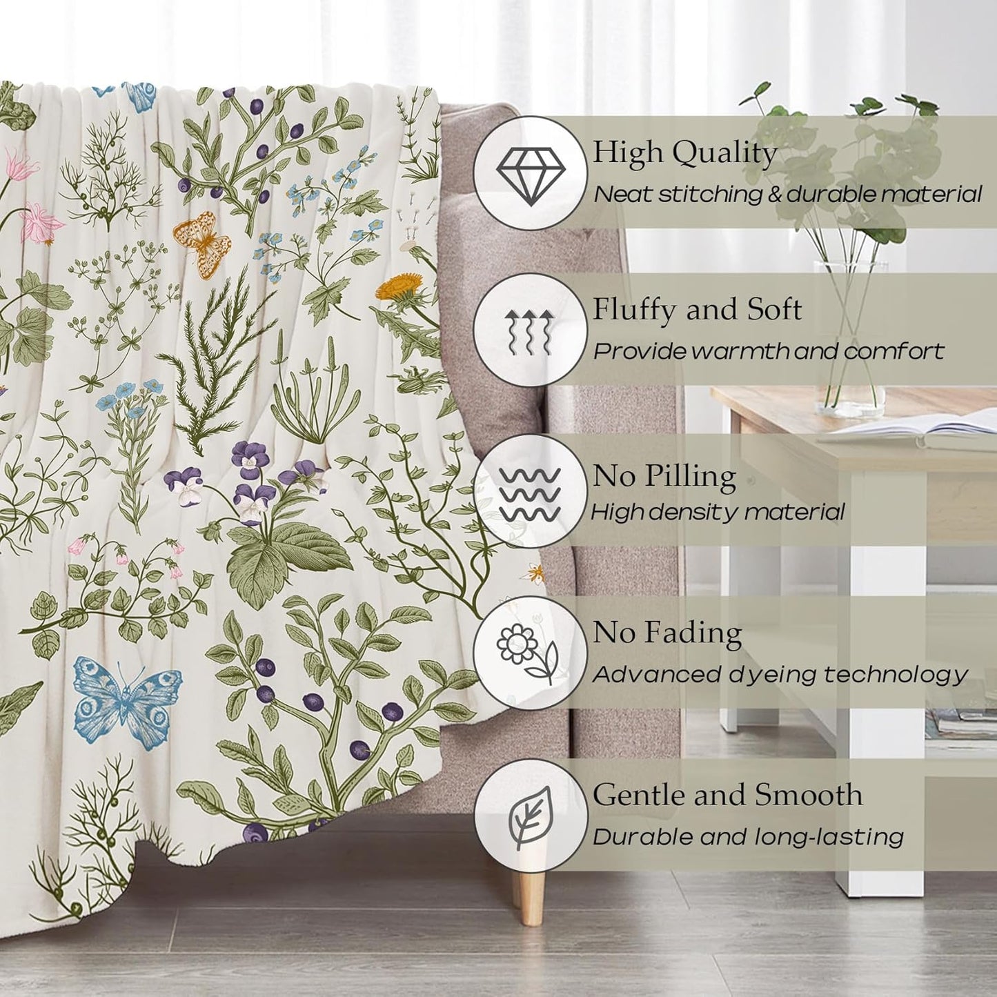 Vintage Floral Throw Blanket Botanical Butterfly Flower Print Ultra Soft Cozy Flannel Blanket Elegant Home Decor Gift for Women Girls, 50x60 Inch
