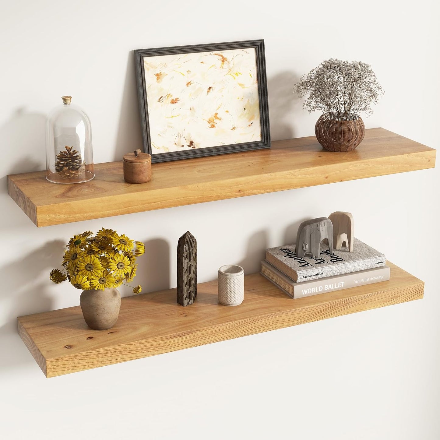 Elm Floating Shelves for Wall Decor, Rustic Solid Wood Shevles Wall Mounted with Invisible Bracket for Living Room Bathroom Bedroom Kitchen, 36 Inch Set of 2, Natural