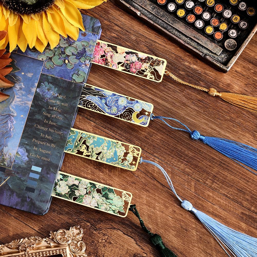 8 Pieces of Gold Hollow Bookmarks with Tassels, Featuring Van Gogh and Monet Oil Painting Themes Perfect for Book Lovers, Writers, Readers, Children, Teenagers, Men, Women, and Adults