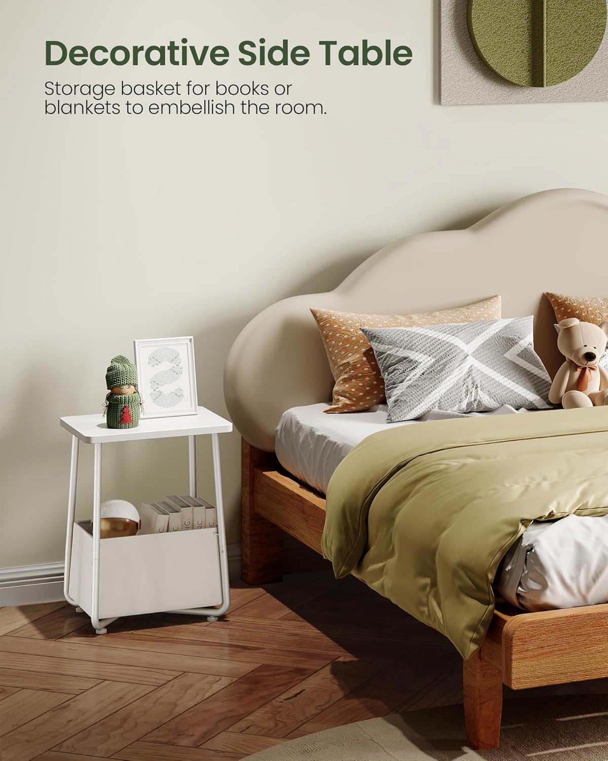 Nursery Side Table, Small End Table for Small Spaces, Nightstand with Fabric Basket, for Nursery, Living Room, Bedroom, White TBZ13WB