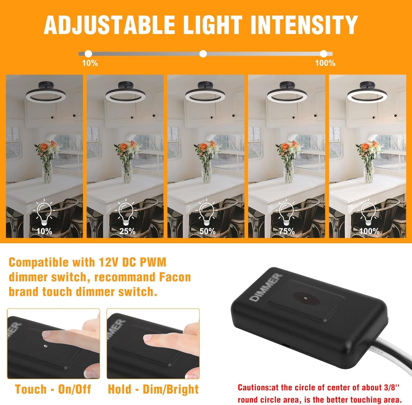 Facon RV Interior Lighting 12V LED Pendant Light Fixture with Switch - 15W 750LM 4000K Cool White, Dimmable Ceiling Light for RV Motorhome Camper Dinette, Kitchen, 11.83’’ Dia