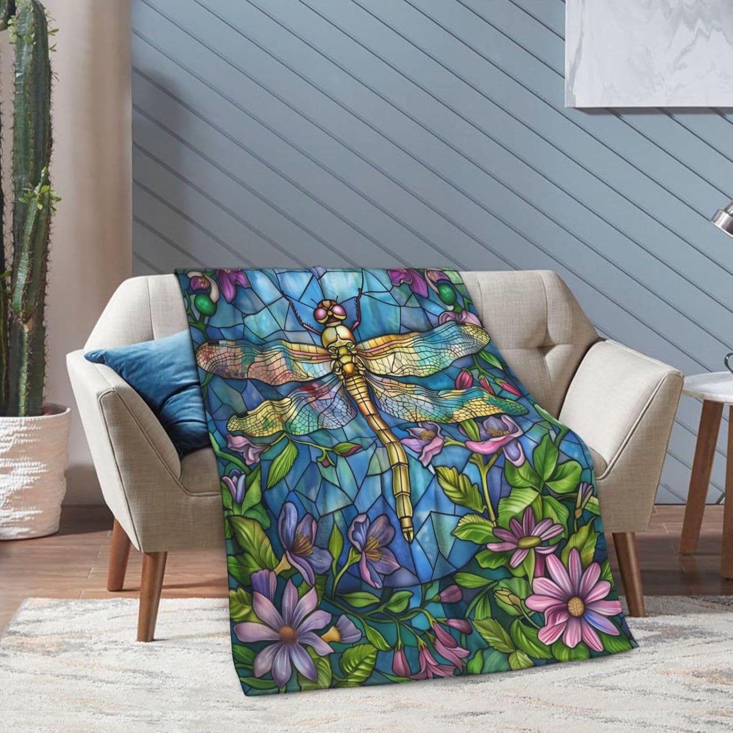 Generic Stained Glass Dragonfly Throw Blanket, Multicolor, 60"x80", Flannel, Lightweight, All Seasons, Reading, Napping, Camping, Travel, Gifting