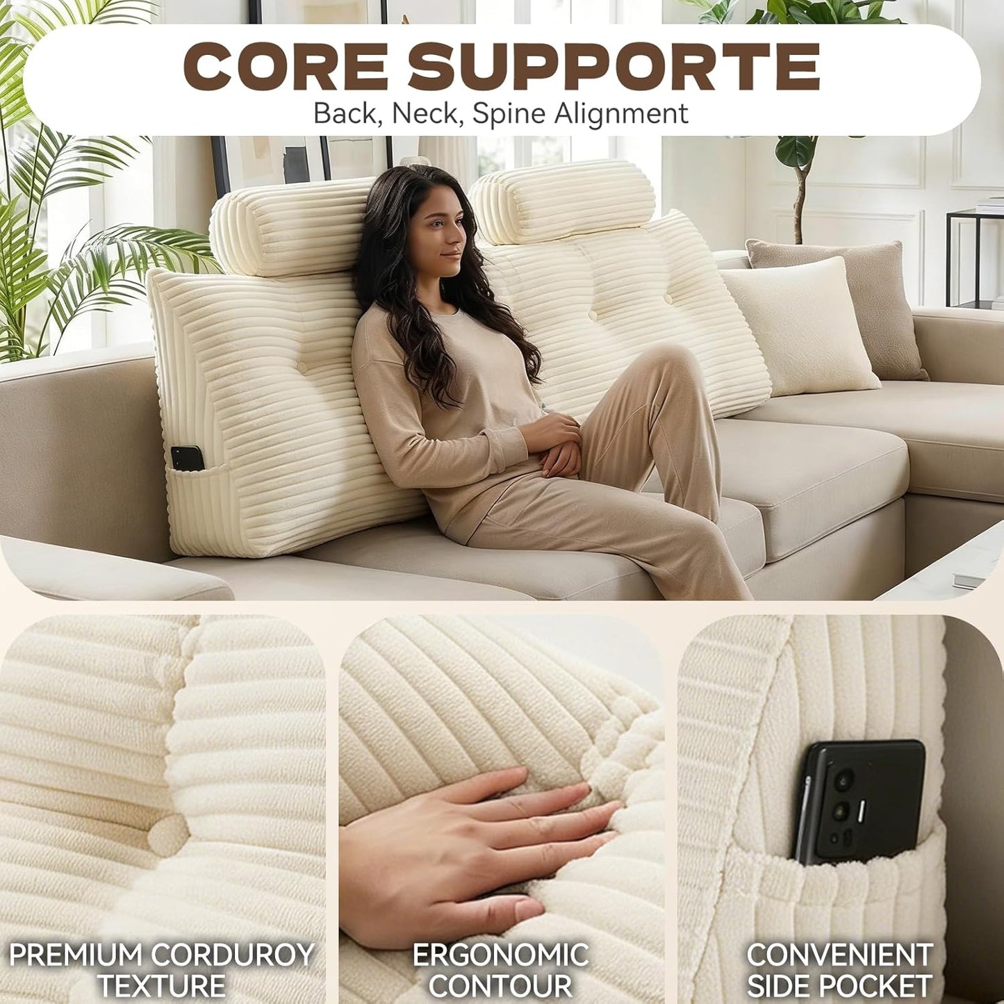 Headboard Pillow Queen - Adjustable Back Support Wedge Pillow for Sitting Up in Bed, Perfect for Reading. Includes Removable & Washable Cover,Beige(59x8x20 Inches)