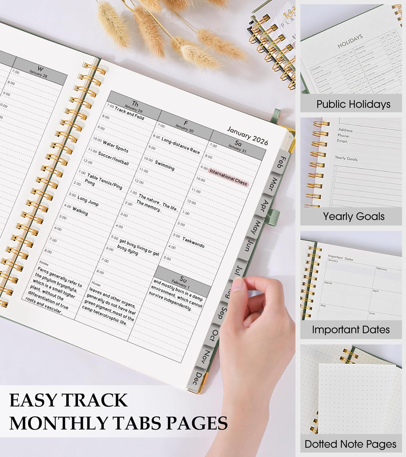2026 Planner, Weekly and Monthly Calendar Planner from January 2026 - December 2026, 8.5" x 11" Hardcover Leather Hourly Appointment Book with Tabs, Spiral Daily Planners for School Work Home, Green