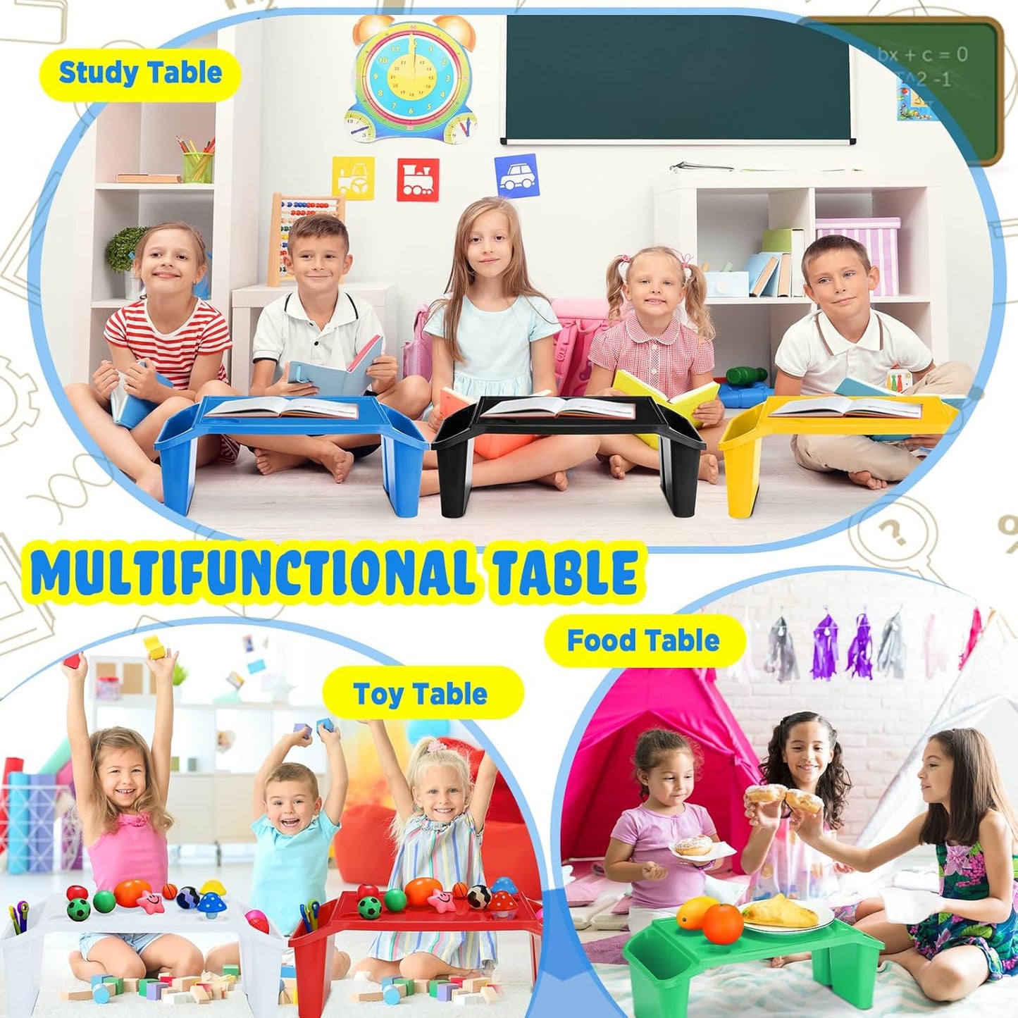 Leinuosen 6 Pcs Kids Lap Desk Tray with Storage Plastic Breakfast Laptop Trays with Side Pockets and Slot Portable Lap Bed Table for Writing Eating Game Classroom Snacks Boy Girl (Multi Colors)