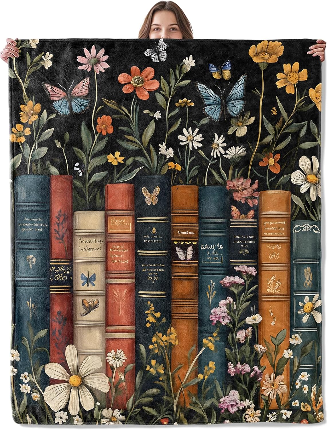 Vintage Book Blanket, Books with Floral and Butterfly Lightweight Comfy Blankets for Couch Sofa Bedroom, Soft Plush Travel Flannel Throw Blanket Gifts for Women Adults Kids, Home Decor 60×50in