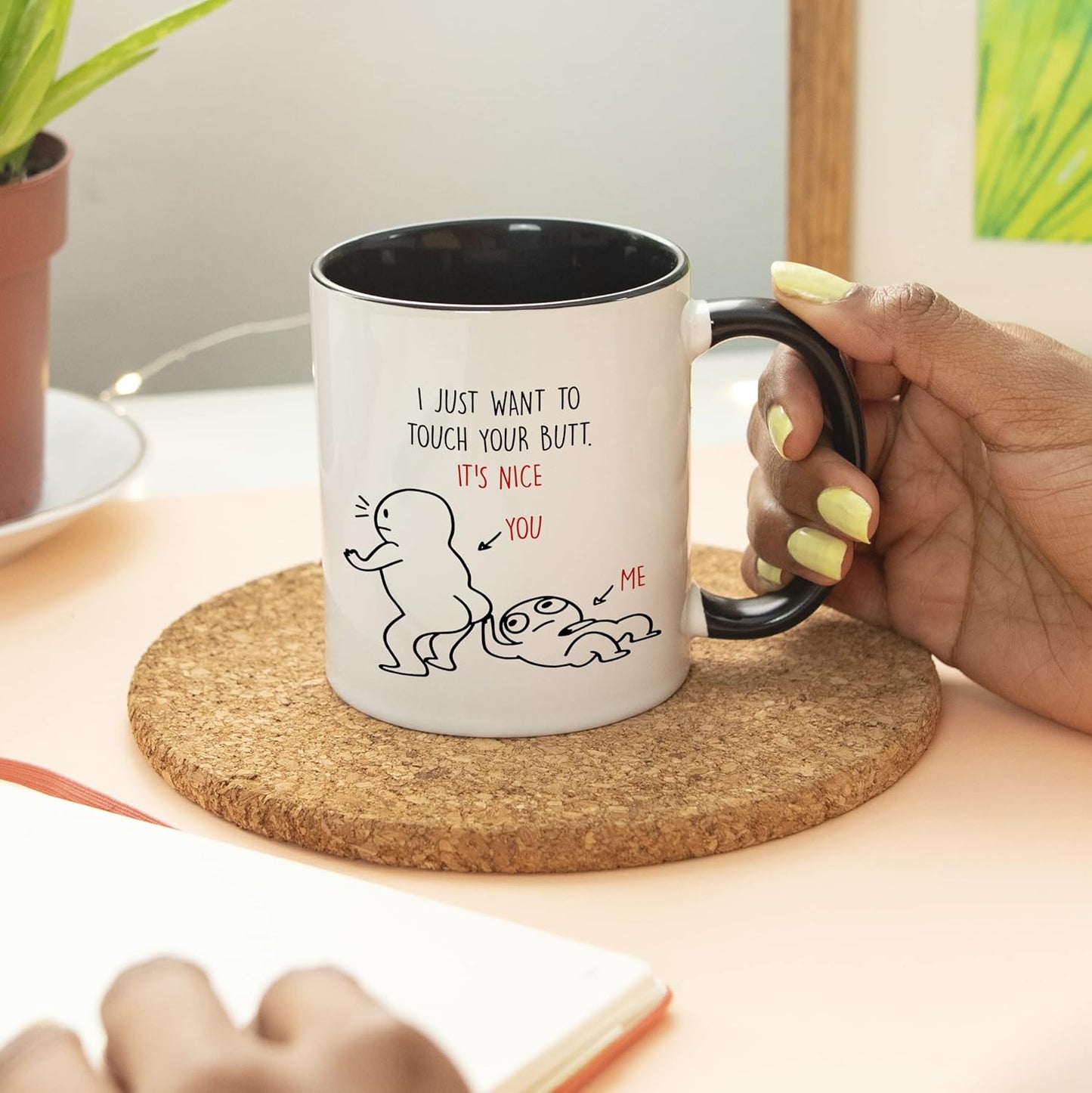 YouNique Designs I Just Want to Touch Your Butt Mug for Girlfriend and Boyfriend, 11 Ounces, Long Distance Relationship Cup, I Love You Coffee Mug for Her and Him, Anniversary Cup (Black Handle)