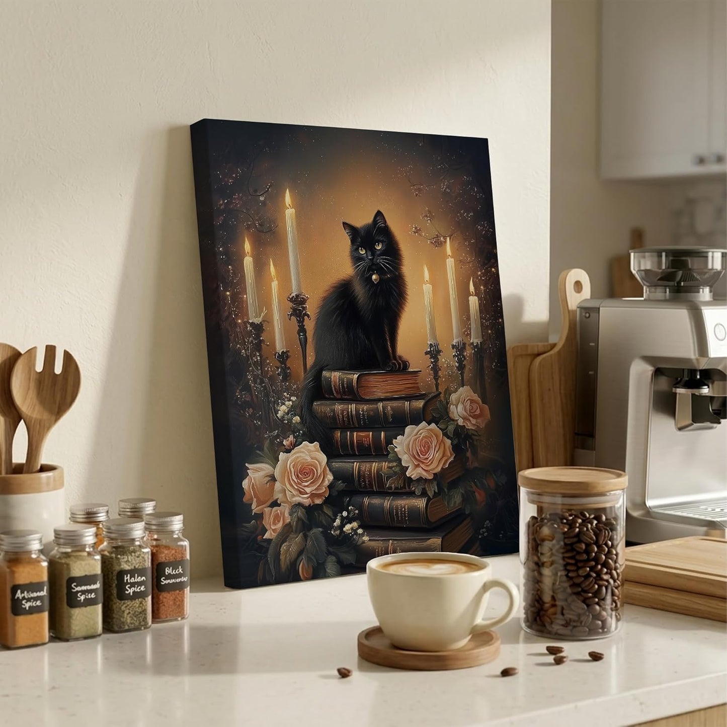 YZRFC Dark Academia Black Cat Wall Art Framed, Vintage Floral Moody Black Cat Book Art Wall Decor Canvas Artwork Poster for Home Bedroom Reading Nook Corner, 11x14 Inch
