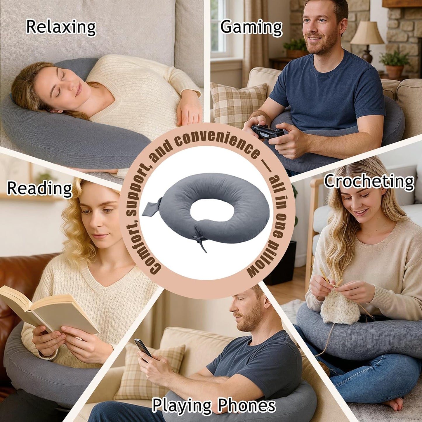 XWZO Reading Pillow for Gaming, Crocheting or Playing with Strong Arm Support, Gaming Pillow for Arm Rest When Sitting in Bed & Sofa, Lap Pillow Swen with Tiebacks and Side Pocket, Grey