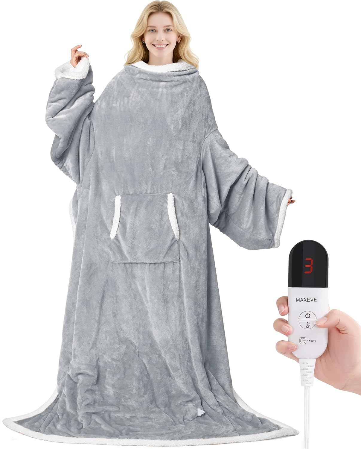 Heated Blanket Wearable Electric Blanket with Foot Pocket and Sleeves, Heating Throw Blanket, Electric Snuggle Blankets, 6 Heating Levels Setting & 4 Hours Auto Shut Off, Machine Washable (Long,Grey)