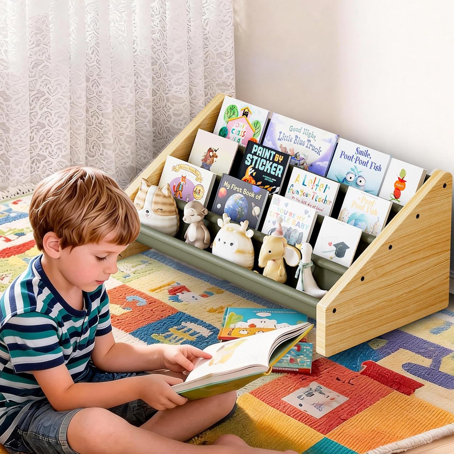 Dayacoco 4-Tier Kids Bookshelf,Montessori Style Book Shelf for Kids Rooms,Extra-Large Children's Bookshelf,Easy to Install Book Shelf for Children's Room or Playroom Storage,Green