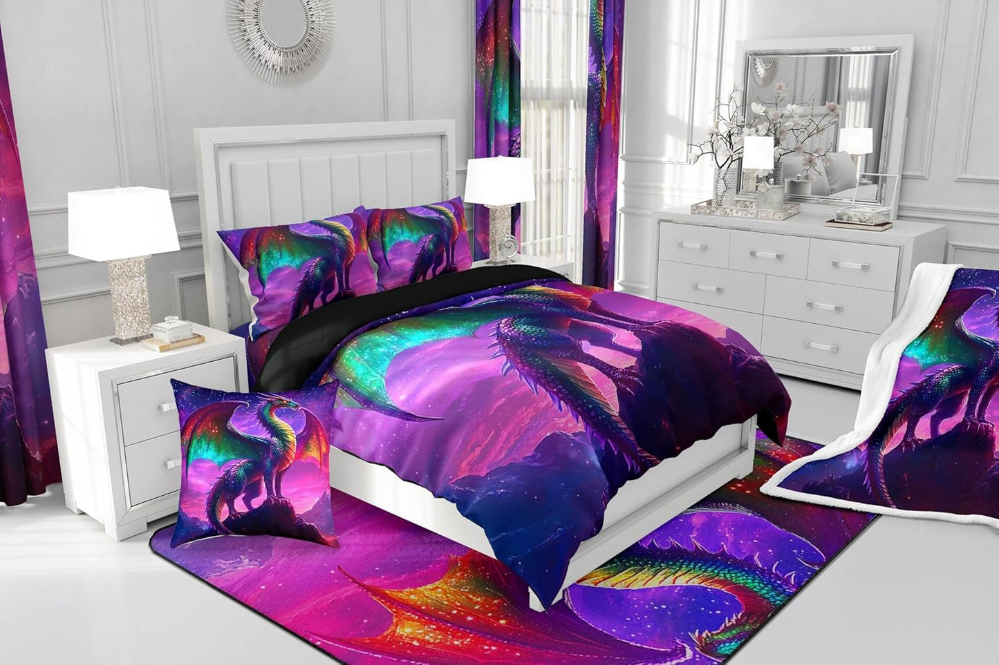 Feelyou Dragon Sherpa Blanket Twin 60"x80" Kids Red Rose Dragon Fleece Throw Blanket Chinese Traditional Culture Plush Blanket Galaxy Dragon Purple Fuzzy Blanket