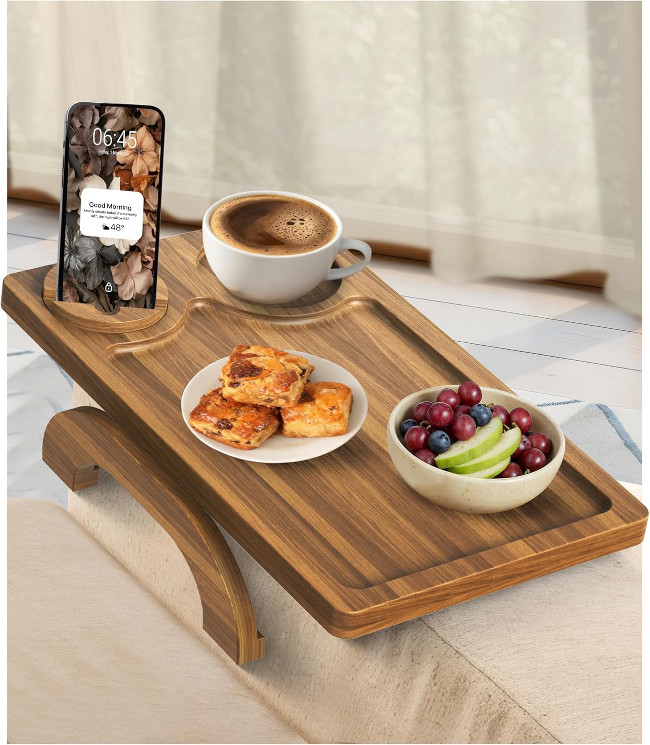 Acacia Wood Sofa Arm Tray - 3-in-1 Couch Arm Table with Phone Holder, Cup Placer & Foldable Tray - Armrest Clip-On Design for Couch with 360° Rotated Phone Holder