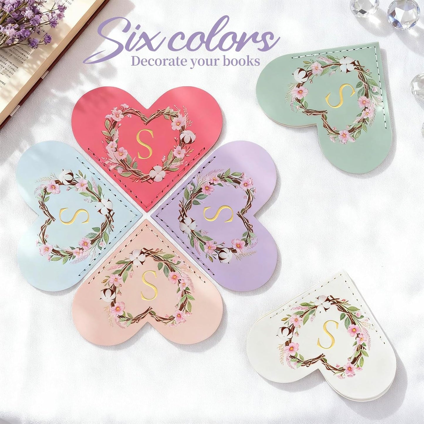 6 Pack Macaron Colorful Bookmarks,Heart Shape Leather Bookmark Set with Floral Initials,Cute UV Printed Design,Bulk Graduation Gifts for Students Teachers Book Lovers,Elegant Thank You Gift (S)