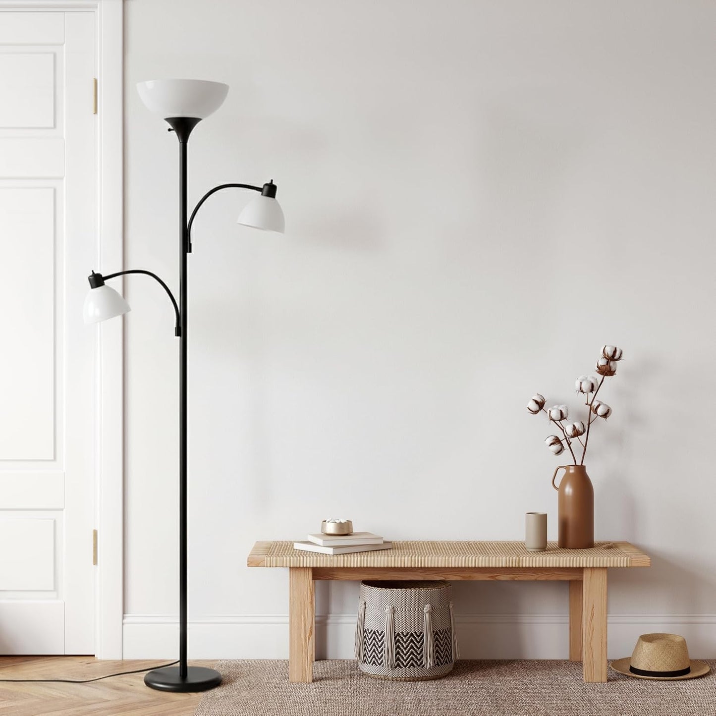 Brightech Sky Dome Double LED Floor Lamp, Torchiere Super Bright Floor Lamp with 2 Reading Lamps for Living Rooms & Offices - Dimmable Tall Standing Lamp for Bedroom Reading - Tall Black Pole
