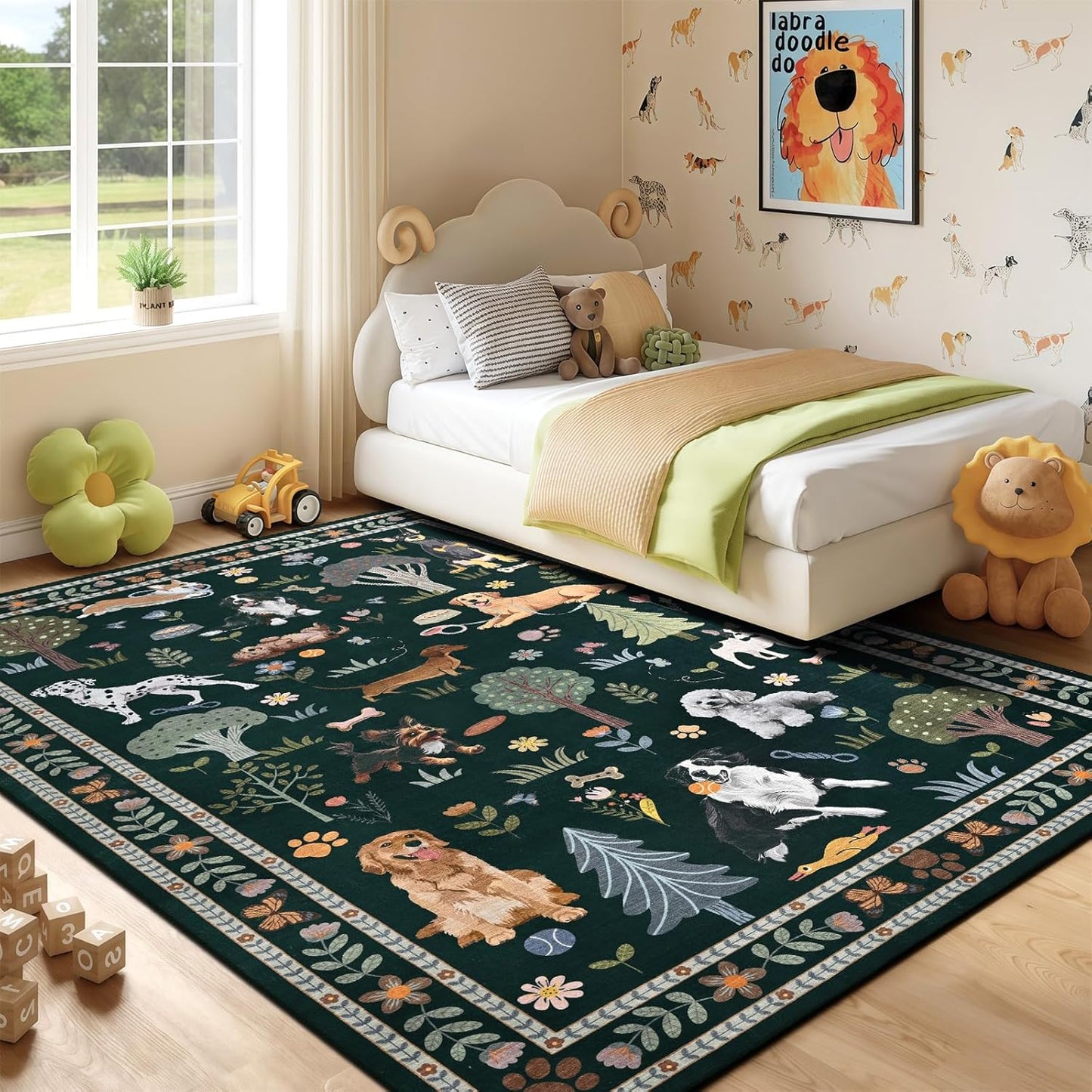 ST. BRIDGE 5x7 Black Living Room Rug, Washable Large Area Rug with Non Slip Backing, Soft Stain Resistant Dog Rugs, Low Pile Animal Indoor Carpet for Kids Room Bedroom Dining Room Home Office
