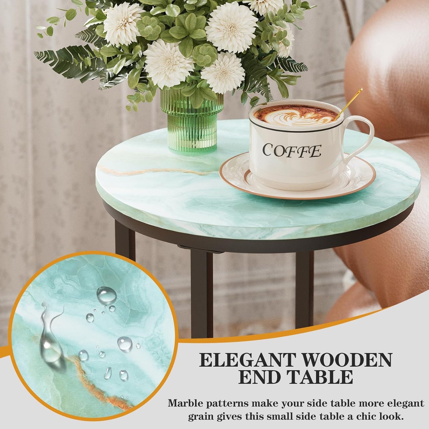 C Shaped end Table,Wood Round Side Table for Couch,Small Sofa Table with Metal Frame for Bedroom,Living Room,Bedside,Sea Blue(11.81" D x 11.81" W x 23.62" H)