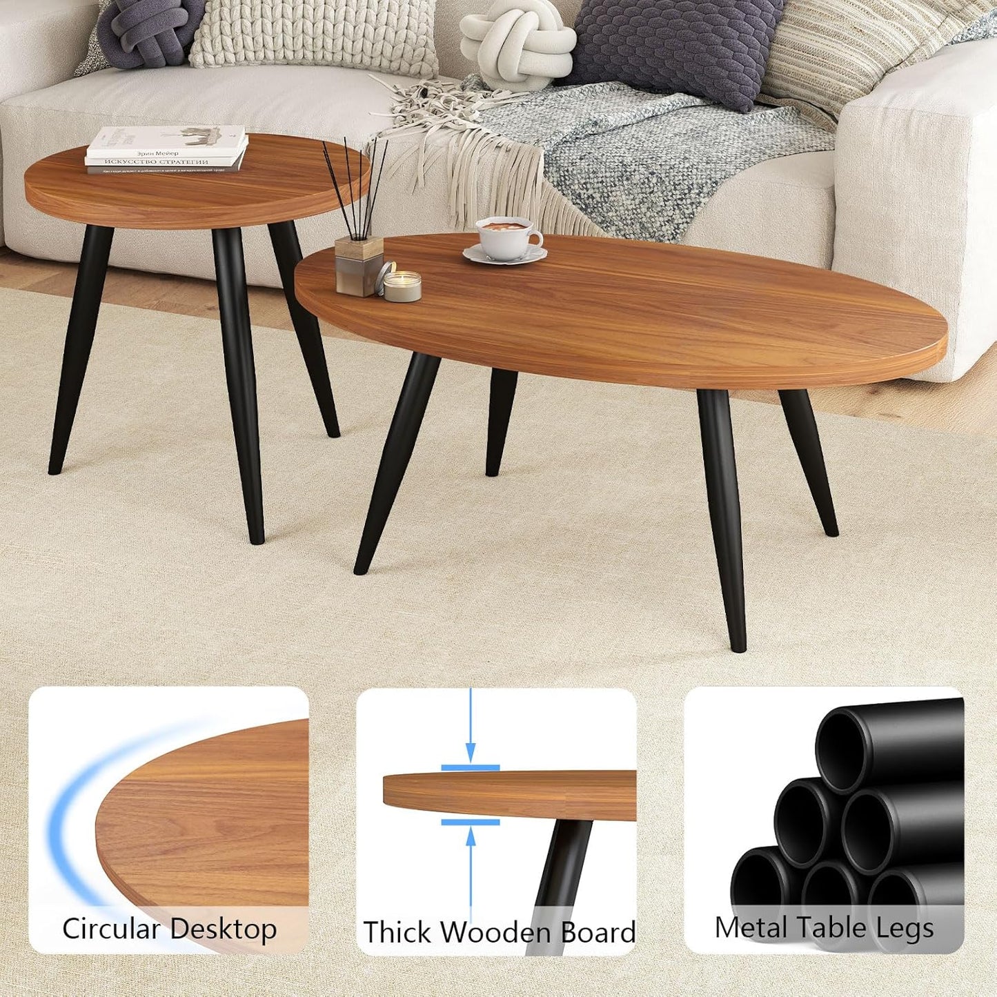 2-Piece Nesting Coffee Table Set, Oval & Round Mid-Century Modern Side Tables with MDF Tabletop & Metal Tapered Legs, Accent Table Set for Living Room, Small Spaces (Walnut)