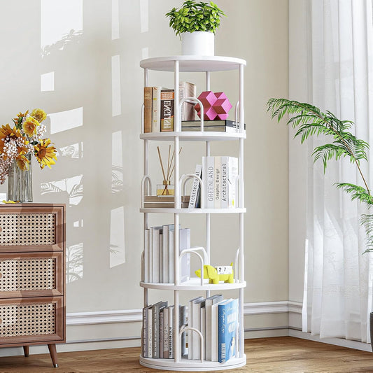 4 Tier Round Rotating Bookshelf Revolving Bookcase, 360° Spinning Book Shelf Tower for Kids, Narrow Rolling Bookshelves for Small Space, Corner, Bedroom, Office