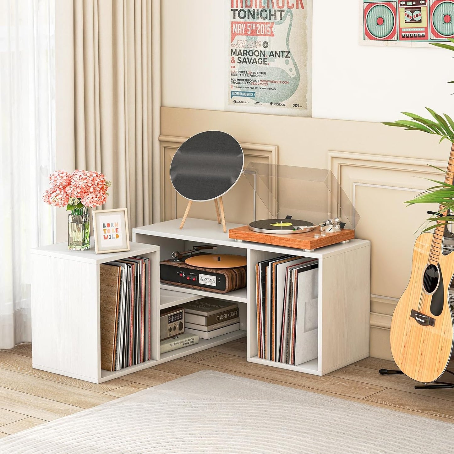 LDAILY L-Shaped TV Stand, TV Entertainment Center with 4 Storage Cubes & Rotating Shelves, Wood Bookcase for TVs up to 55 Inch, Sturdy Free-Combination Console Table for Living Room, Bedroom (White)