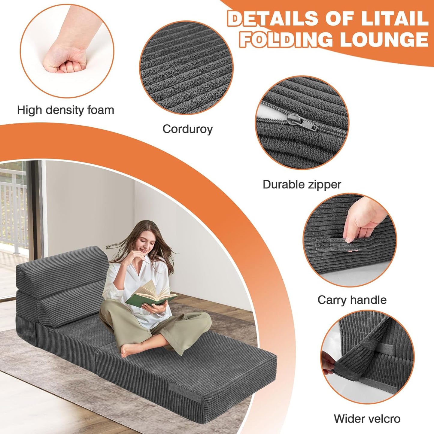 Comfy Folding Sofa Bed - Convertible Sleeper Sofa Fold Out Sofa Bed Sleeper Chair Couch for Living Room Guest, Foldable Floor Chairs Lounger Mattress with Back Support, Dark Grey