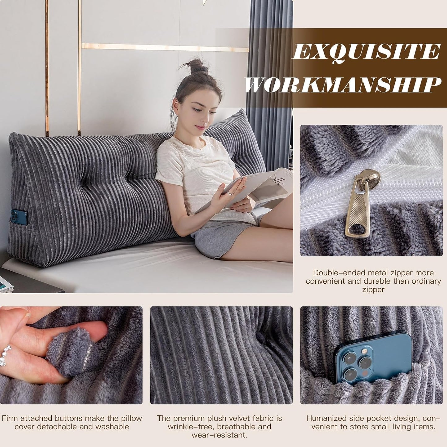 Large Triangular Headboard Wedge Bed Rest Reading Pillow Backrest Positioning Support Bolster Cushion with Removable Cover (Grey, CA King: 71x8x20 Inches)
