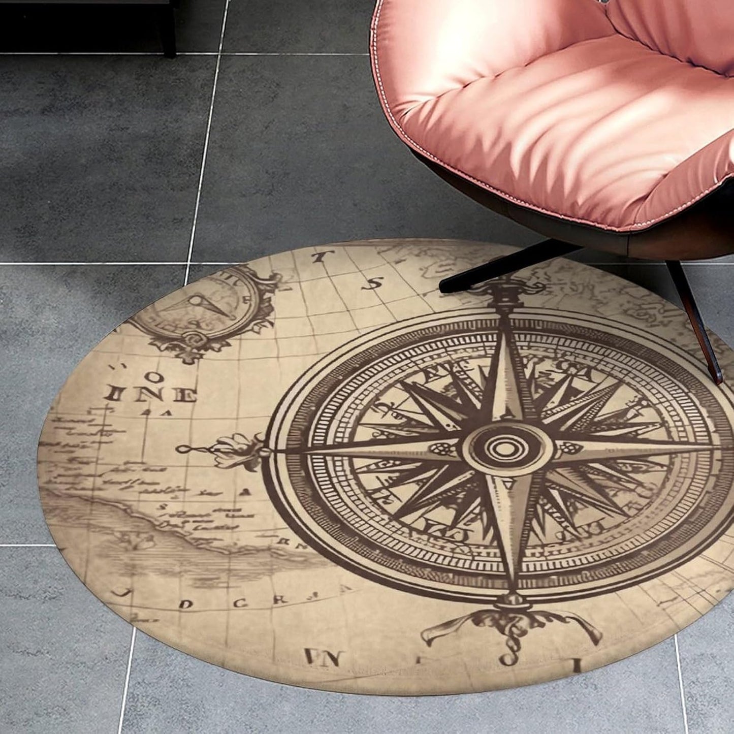 Law of The Compass Navigation Circle Rug Retro Luxury Coral Velvet Floor Mat Non Slip Soft Indoor Floor Carpet Comfy Thickened Area Rugs Modern Aesthetic Minimalist Carpets for Home Decor