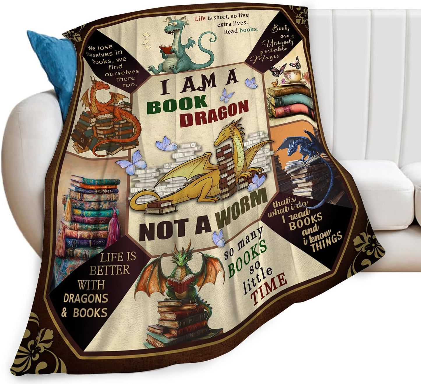 Dragon Blanket Dragon Reading Decor Throw Blanket Super Soft Flannel Lightweight Fluffy Plush Cozy Fuzzy Fleece Blanket Gifts for Book Lover Boys Woman Man Kids Adults for Bed Sofa 40"X50"