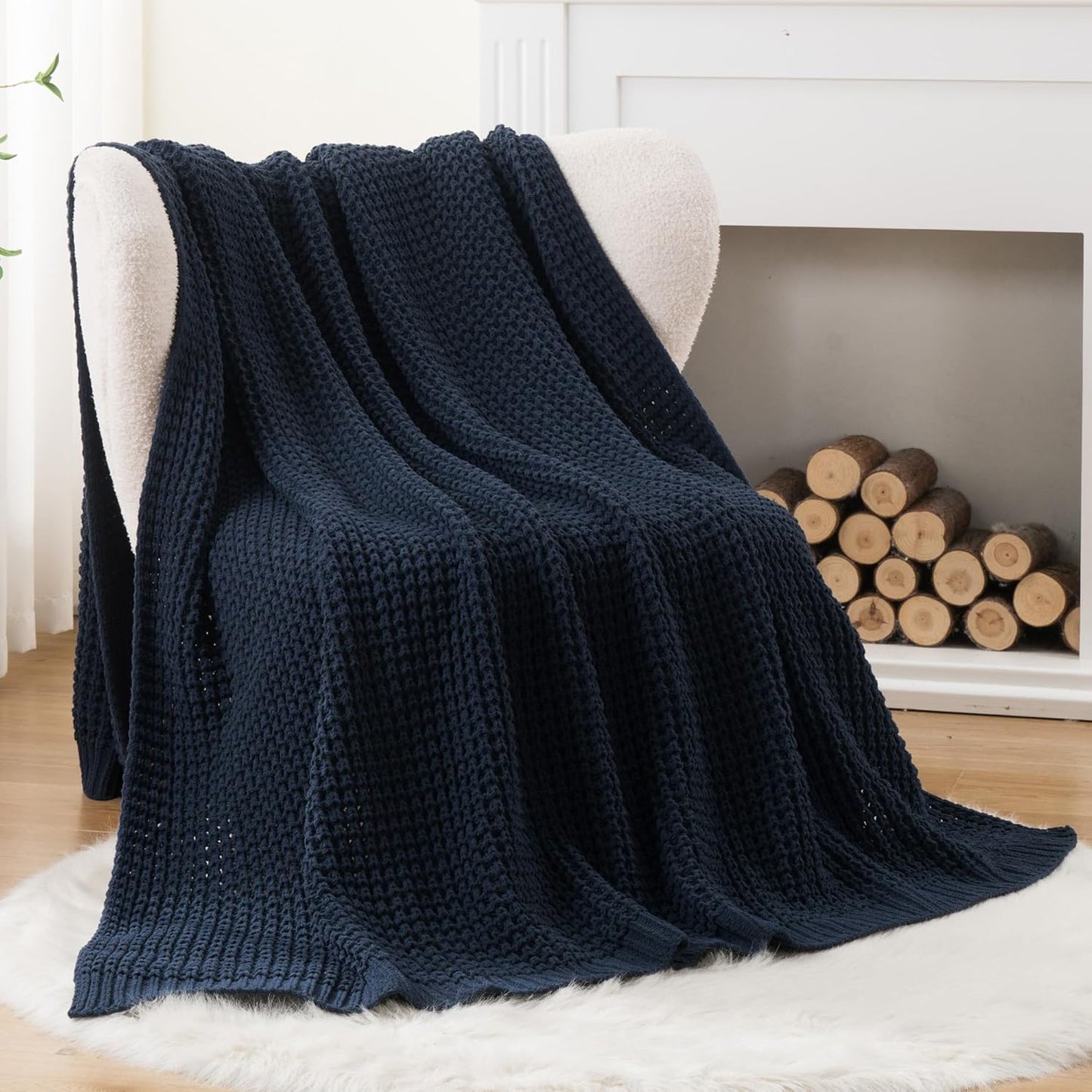 Bunnikins & Clover Navy Blue Throw Blanket for Couch, Knitted Blue Blanket Throw 50''x60'', Super Soft Waffle Navy Throws for Chair Sofa Home Decor