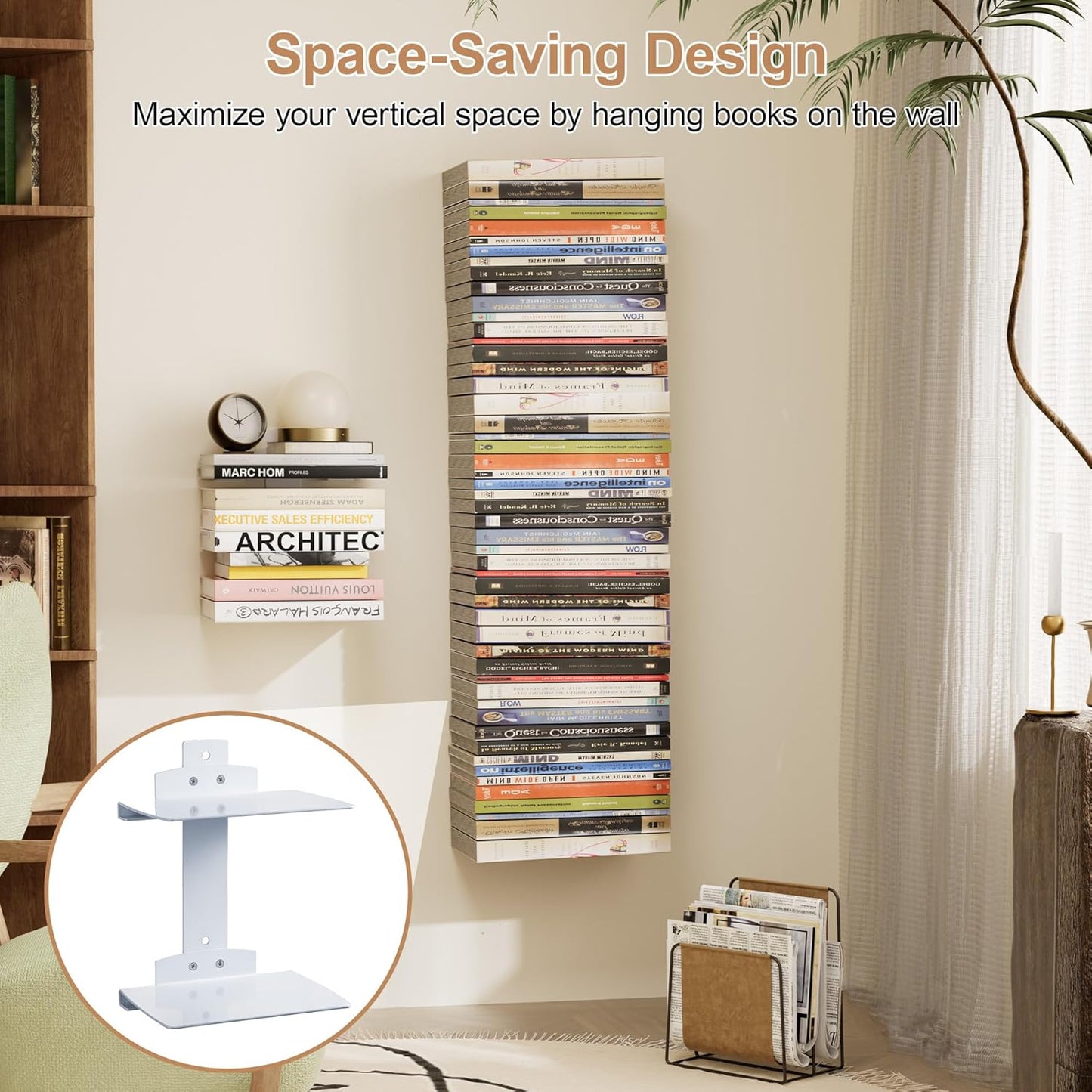 Invisible Book Shelf Floating, 6-Tier White Floating Shelves for Wall, Heavy Duty Metal Book Organizer Holders Vertical Hanging Space-Saving for Bedroom Office Room