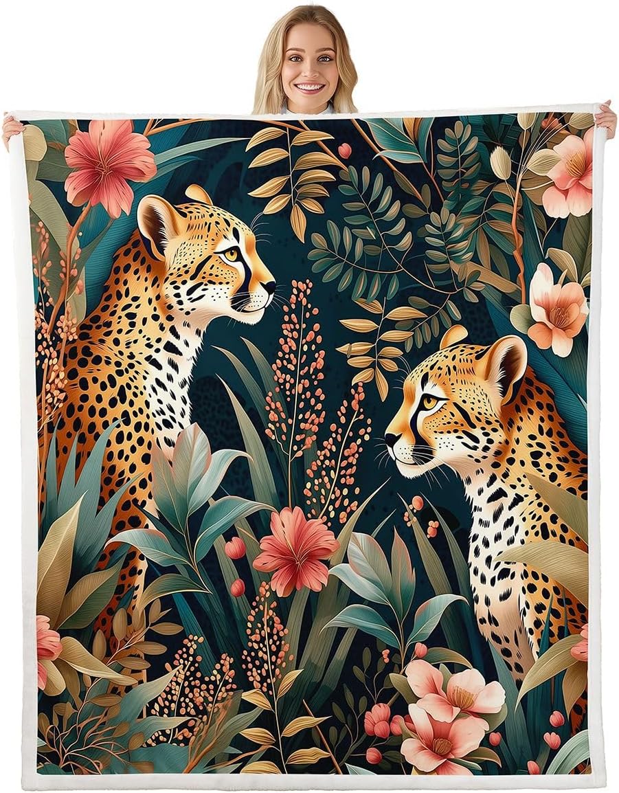 Feelyou Jungle Leopard Animal Sherpa Throw Blanket for Couch Vintage Floral Super Soft Cozy Fleece Farmhouse Blanket for Winter, Plush Throw Throw 50"x60" All Season