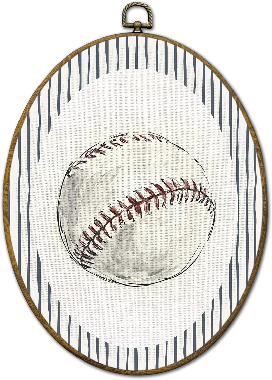 QZQE Retro Baseball Nursery Oval Wall Art Decor Framed, Boy Sports Nursery Oval Canvas Prints, Blue Striped Baseball Wall Hanging Decor for Kids Room Bedroom Playroom, 8.6x11.4 Inch
