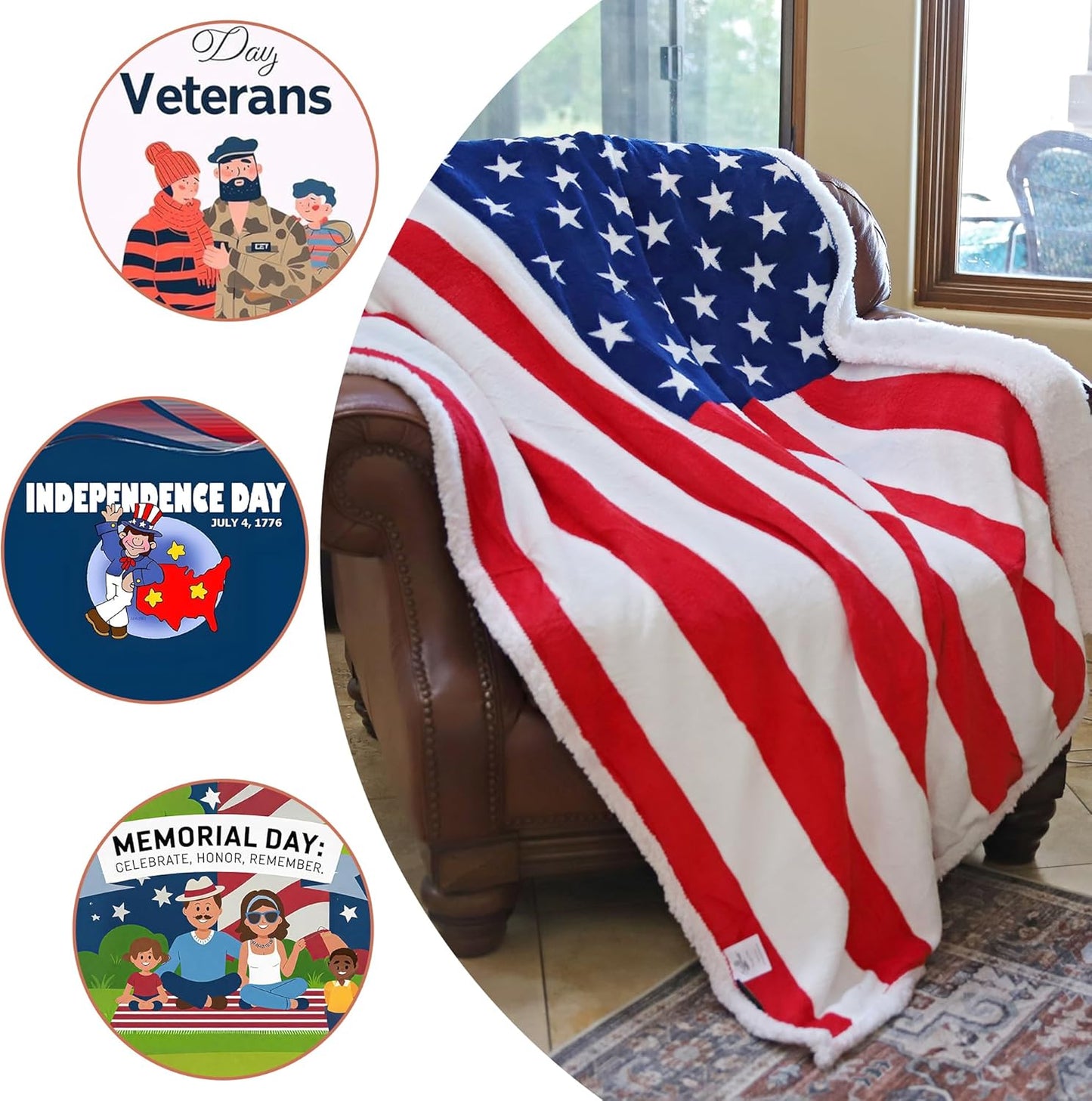 Tirrinia American Flag Blanket Sherpa Fleece Throw, Patriotic Blanket for 4th of July, Veterans Day, USA Decorations, Red White and Blue Reversible Soft Army Gift for Bed Couch Sofa 50"x60"