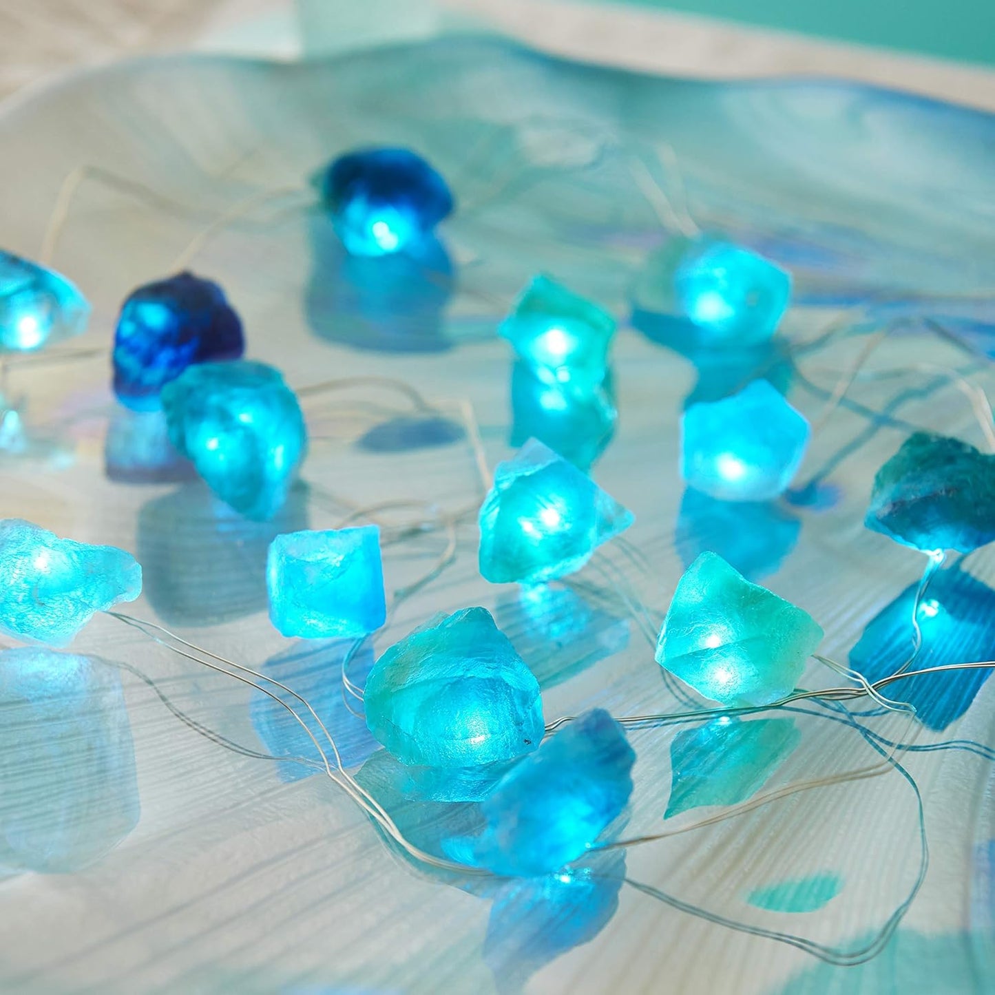 Natural Fluorite LED String Lights for Bedroom 6.5 FT USB/Battery Operated Blue Fairy Lights Sea Glass Crystal Decor Perfect Decorative Light for Bedroom Sea Glass Christmas Tree Kit