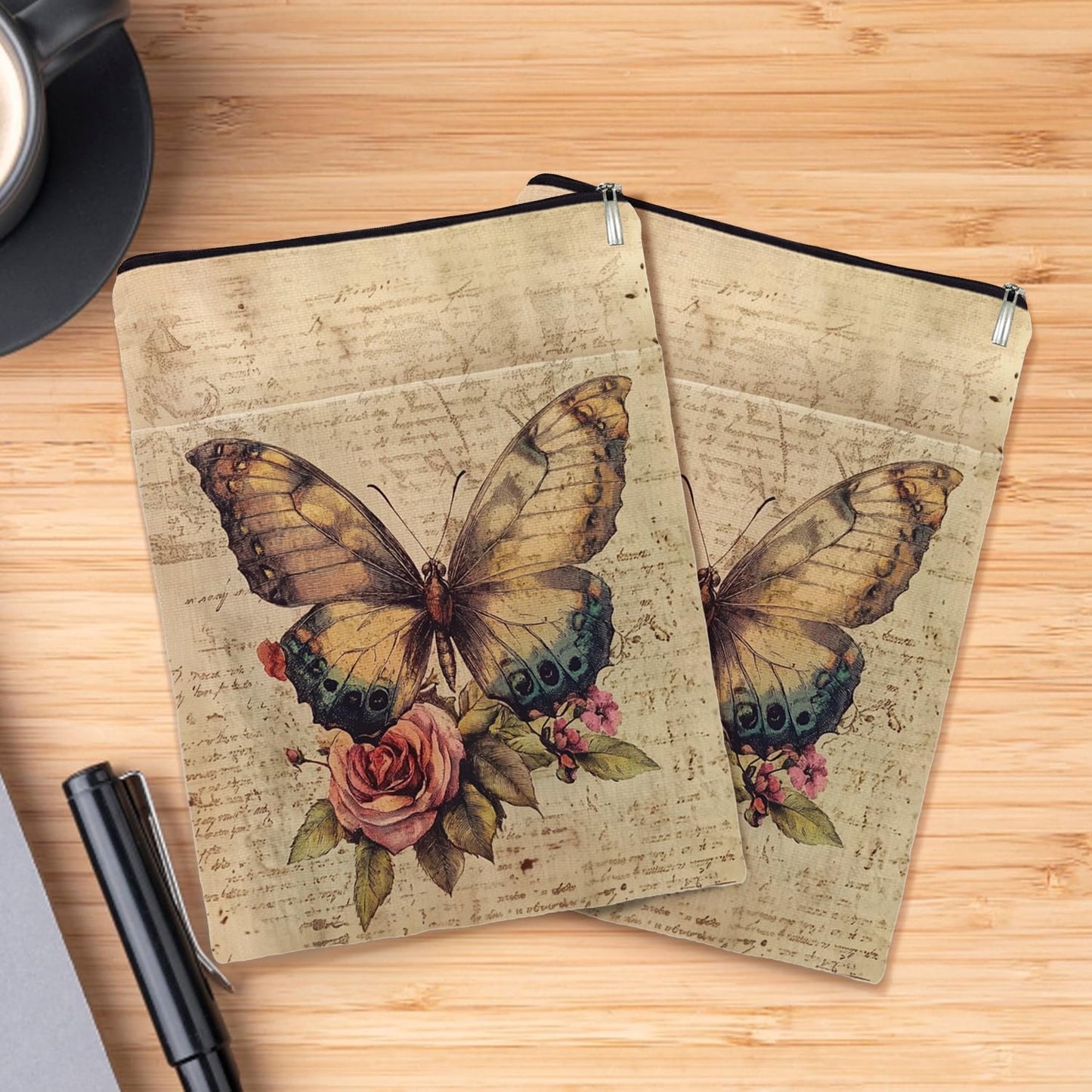 Vintage Butterfly Flower Book Cover, Book Sleeve with Zipper & Front Pocket, Reusable Book Pouch, Butterfly Floral Linen Prints Book Sleeve for Book Lovers, Bookish Gifts (Beige-Butterfly 3, Large)