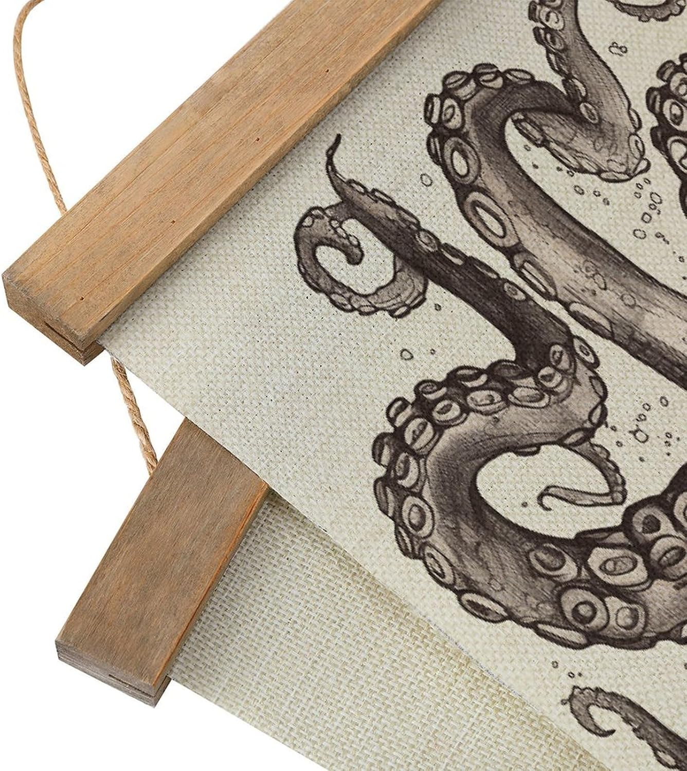 Vintage Octopus Poster with Wooden Frame Personalized Linen Hanging Scroll Painting Rustic Wall Hanging Illustrative Modern Artwork Decor for Home Living Room Bedroom Office