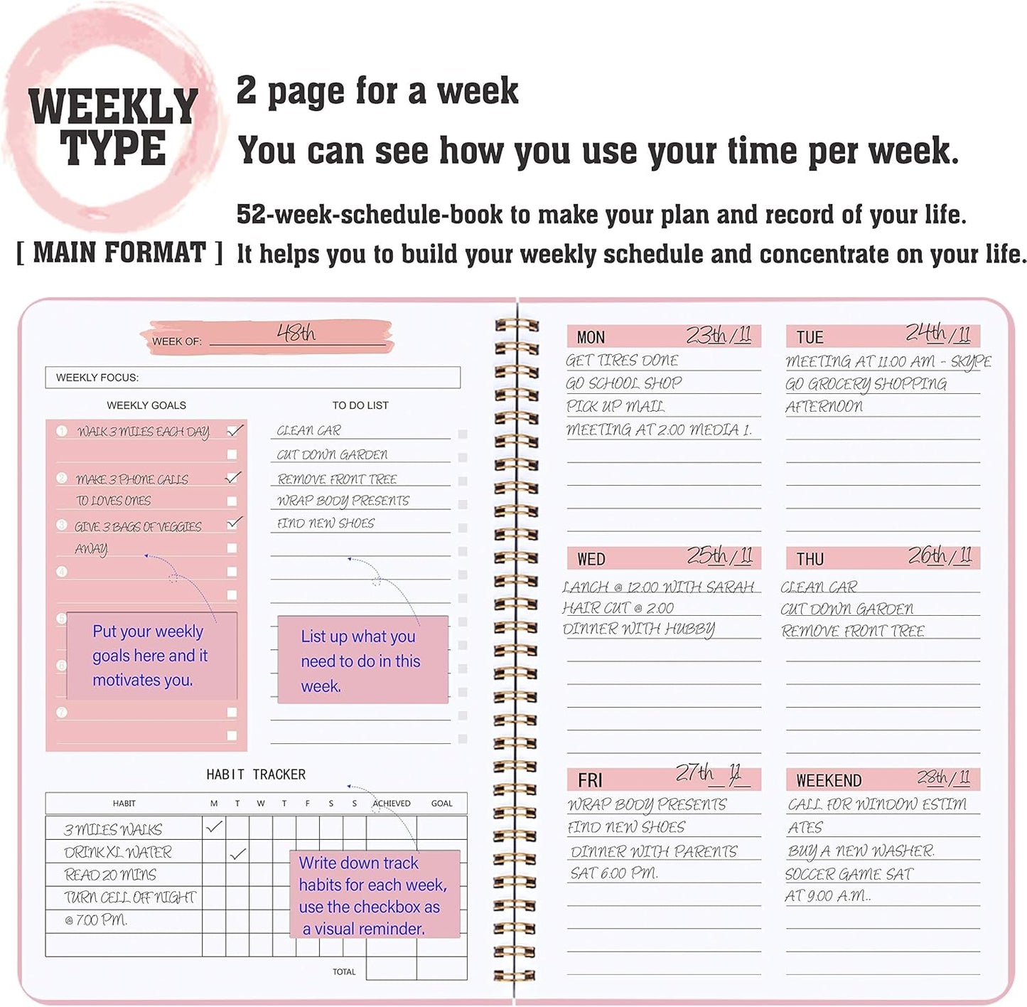 Undated Weekly Planner- Weekly Goals Notebook, A5 To Do List Planner, Habit Tracker Journal with Spiral Binding, 5.7 x 8.0 inches