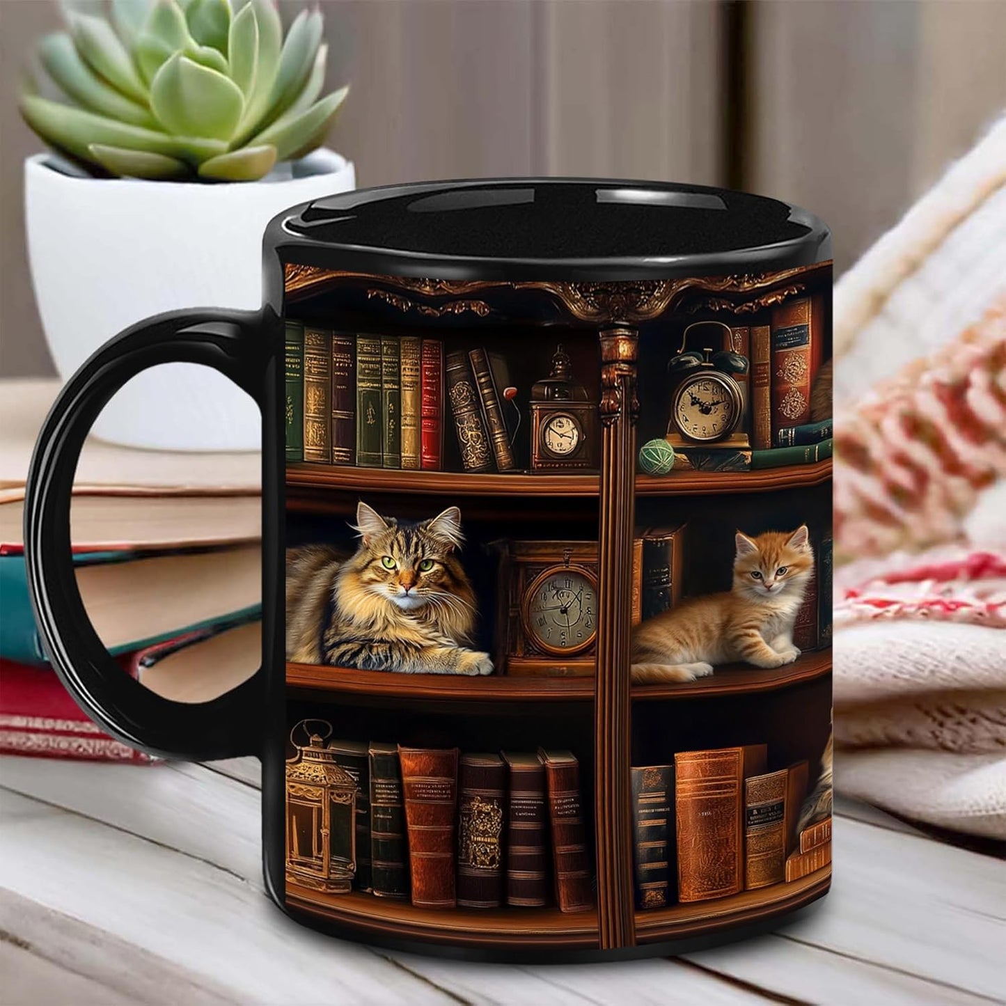 Book Lovers Gift - Bookshelf Gifts - Cat Book Mug - Bookish, Bookworm Gifts - Bookshelf Mug - Book Mug For Women, Reader, Librarian, Write - Birthday Gift Idea For Cat Lover, Owner Cat