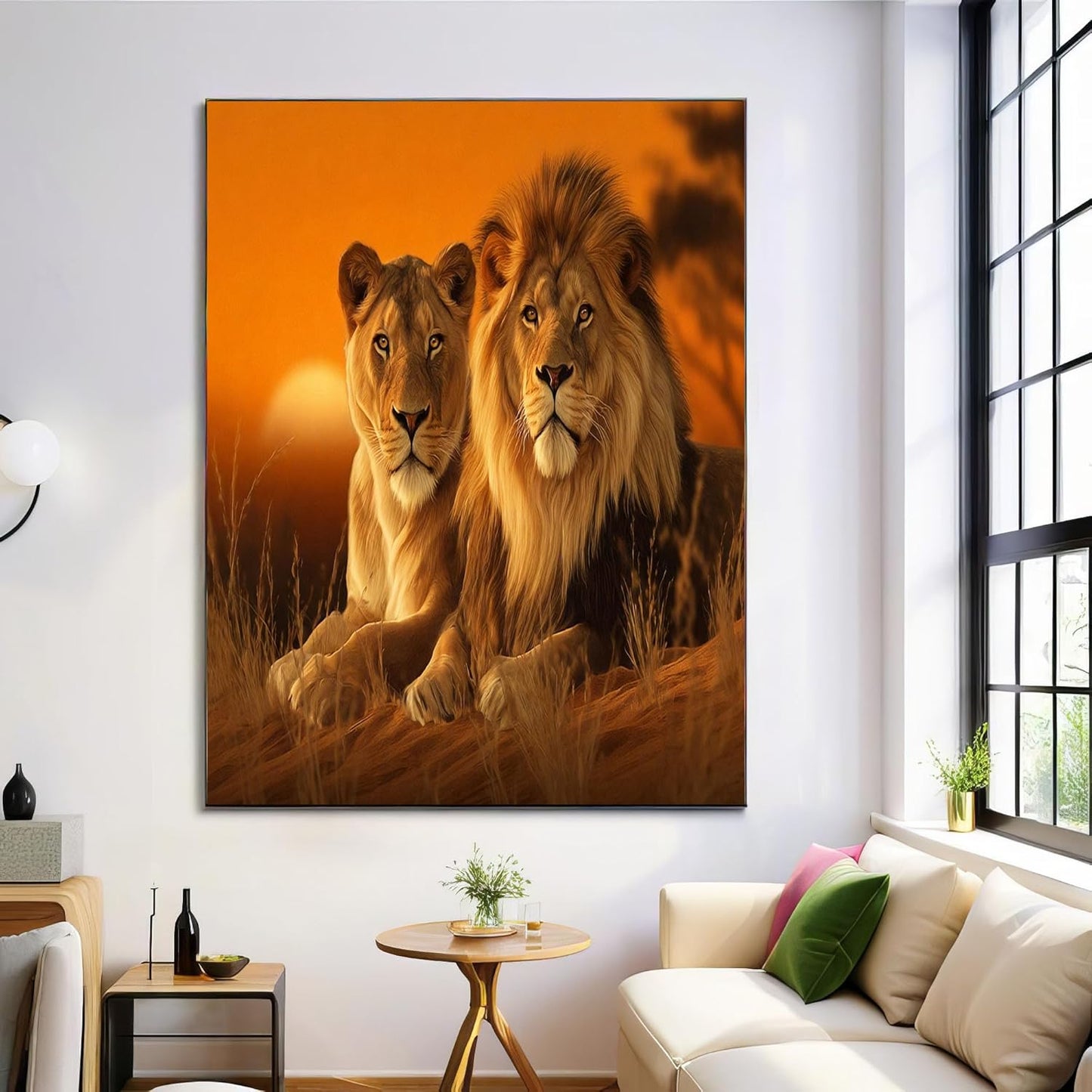 GDJSMIN Realistic Art Style Wall Art, Orange Sunset Lion Poster For Reading Room Living Room Decor 24 X 36 Inch Unframed