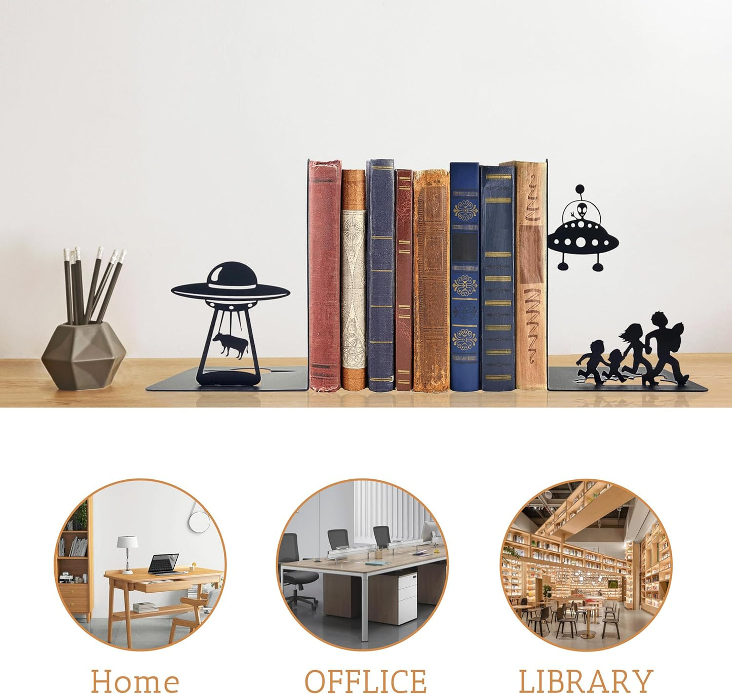 Alien Decor UFO Decor - Unique Bookends for Kids and Adults - Decorative Bookends for Shelves - Black Modern Bookends for Avid Readers - Fun Stylish Alien Gifts