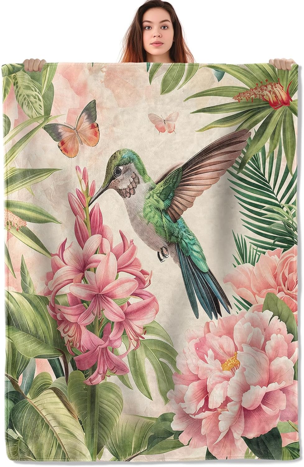 Floral Hummingbird Throw Blanket, Warm Flannel Blankets Tropical Garden with Flower Butterfly and Leaf, Nature Decor and Gifts, Soft Cozy Throws, 50"X60" for Bedroom Couch Travel Office