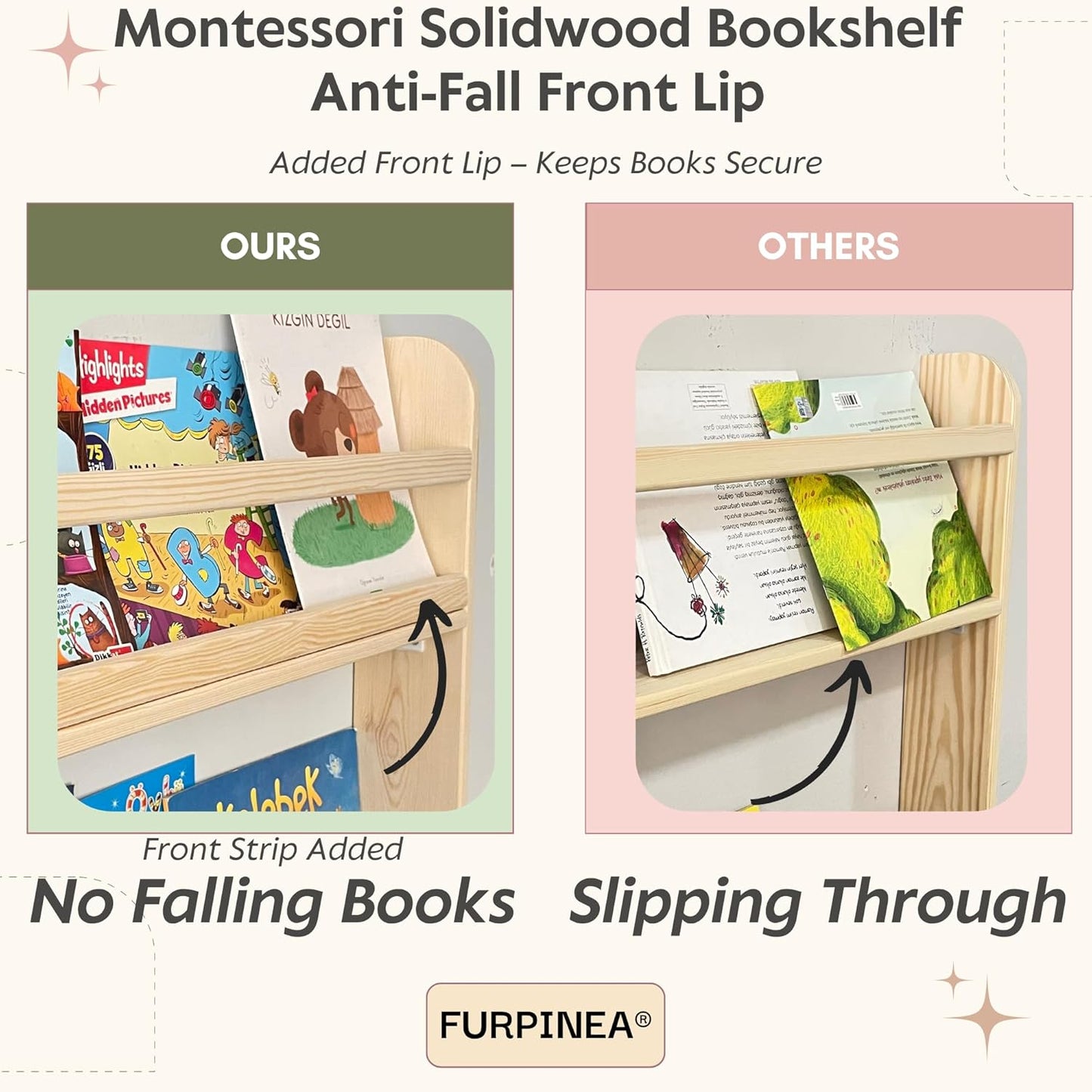Handmade Solidwood Wall Mounted Montessori Kids Bookshelf, 4 Tier Book Display for Children Bedroom, Nursery Furniture Bookcase, Solid Wood Pine Tree Book Organiser for Living Room (Natural)