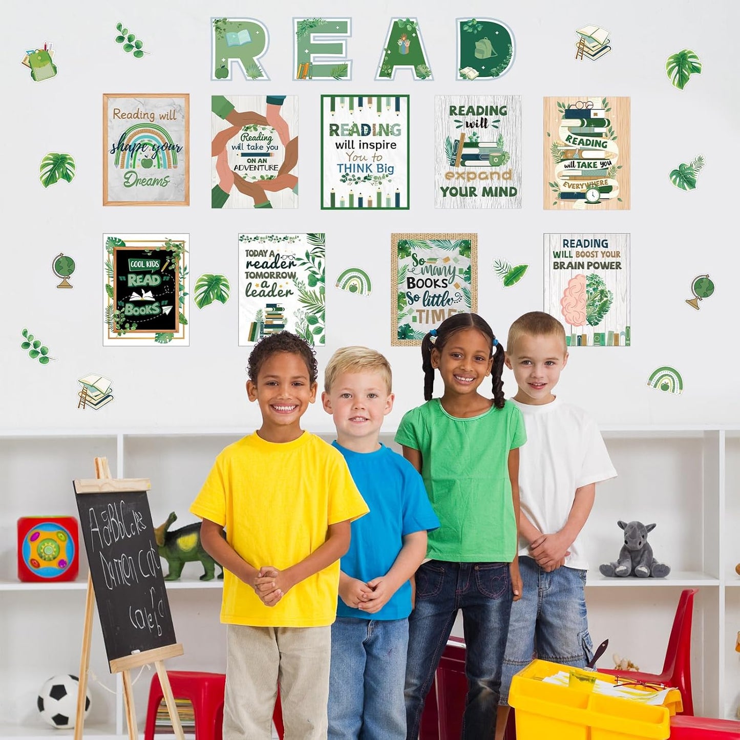 45 PCS Reading Bulletin Board Sets Eucalyptus Classroom Decor Bulletin Board Poster Greenery Classroom Decor for School Classroom Office Home Nursery Library